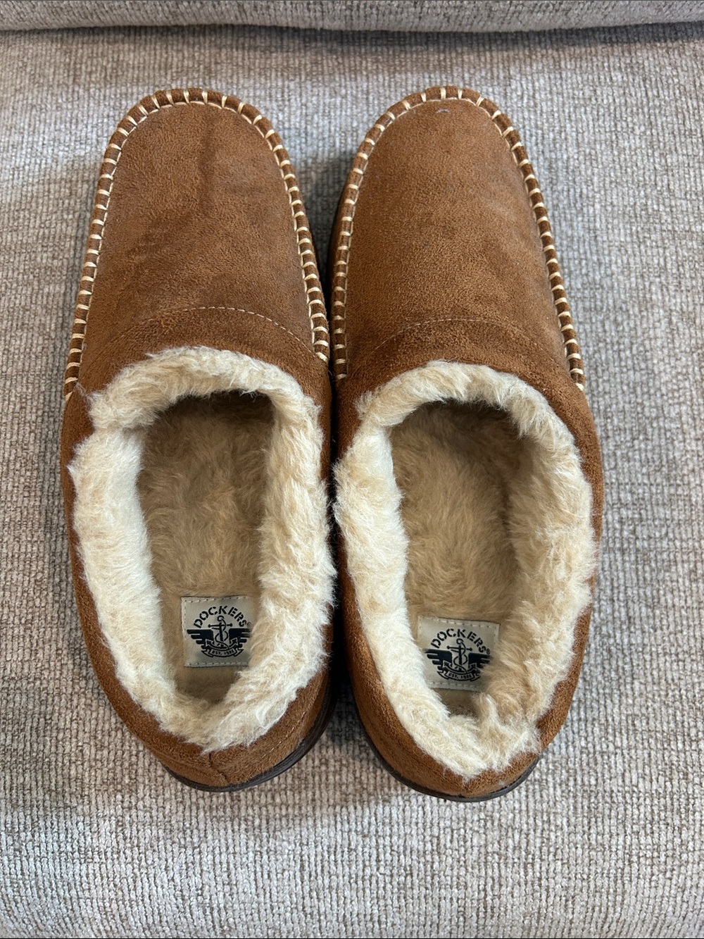 Dockers Men’s Tan Suede Moccasin Slippers with Cream Shearling XL 11/12